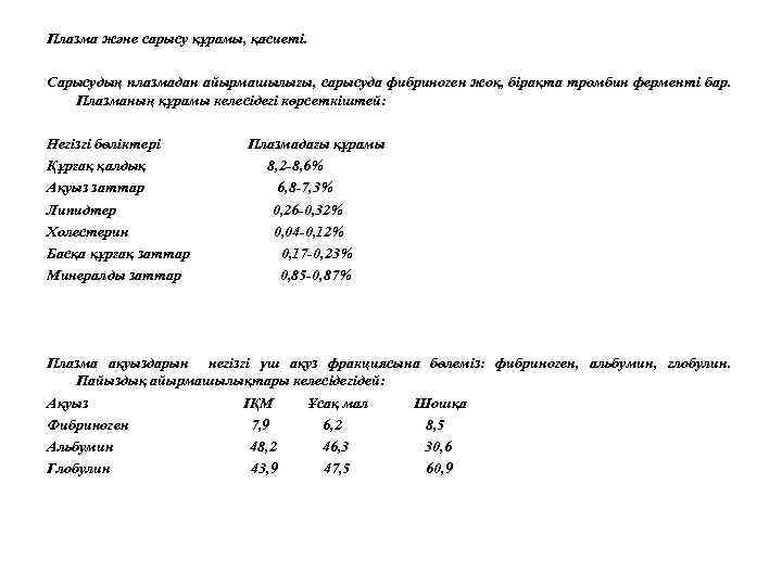 Плазма және сарысу құрамы, қасиеті. Сарысудың плазмадан айырмашылығы, сарысуда фибриноген жоқ, бірақта тромбин ферменті