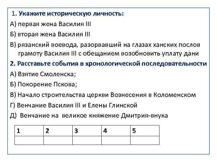 1. Укажите историческую личность: А) первая жена Василия III Б) вторая жена Василия III