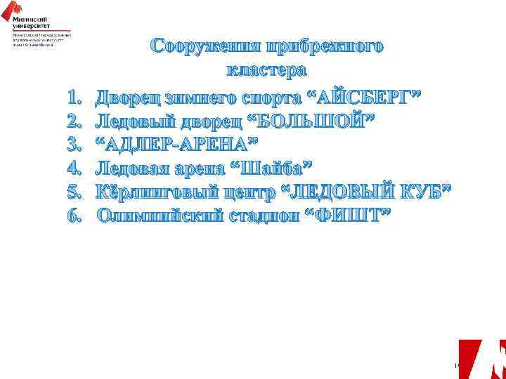 1. 2. 3. 4. 5. 6. Сооружения прибрежного кластера Дворец зимнего спорта “АЙСБЕРГ” Ледовый