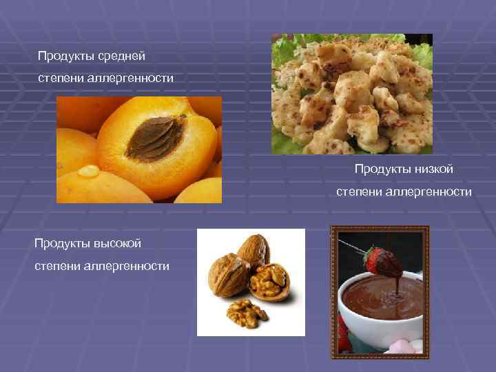 Продукты средней степени аллергенности Продукты низкой степени аллергенности Продукты высокой степени аллергенности 