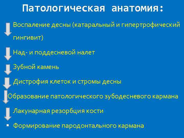 Патологическая анатомия: Воспаление десны (катаральный и гипертрофический гингивит) Над- и поддесневой налет Зубной камень