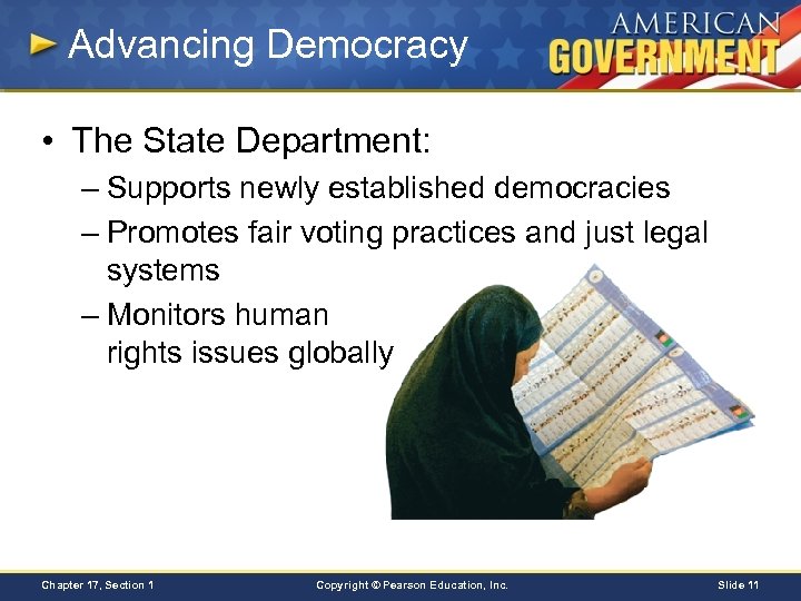 Advancing Democracy • The State Department: – Supports newly established democracies – Promotes fair