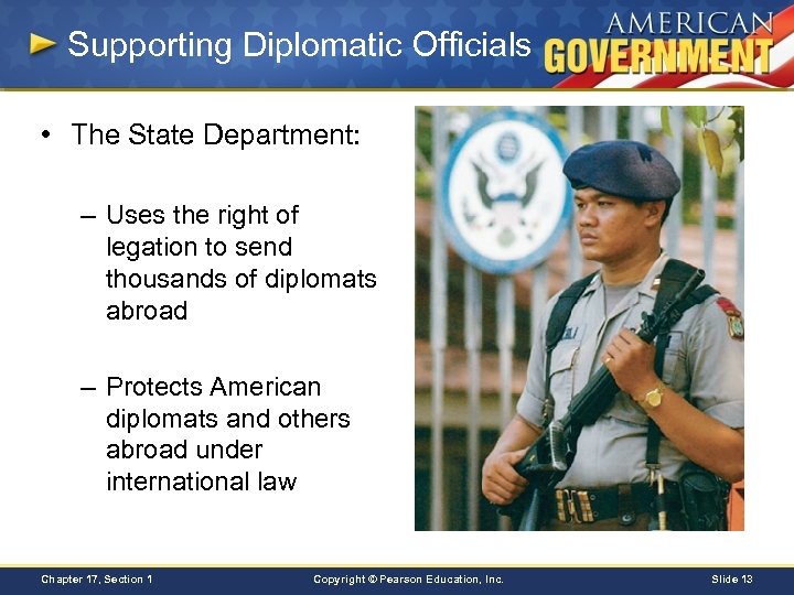 Supporting Diplomatic Officials • The State Department: – Uses the right of legation to