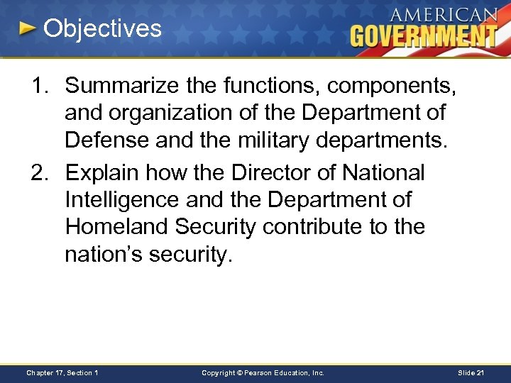 Objectives 1. Summarize the functions, components, and organization of the Department of Defense and