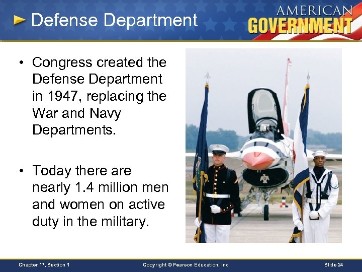 Defense Department • Congress created the Defense Department in 1947, replacing the War and