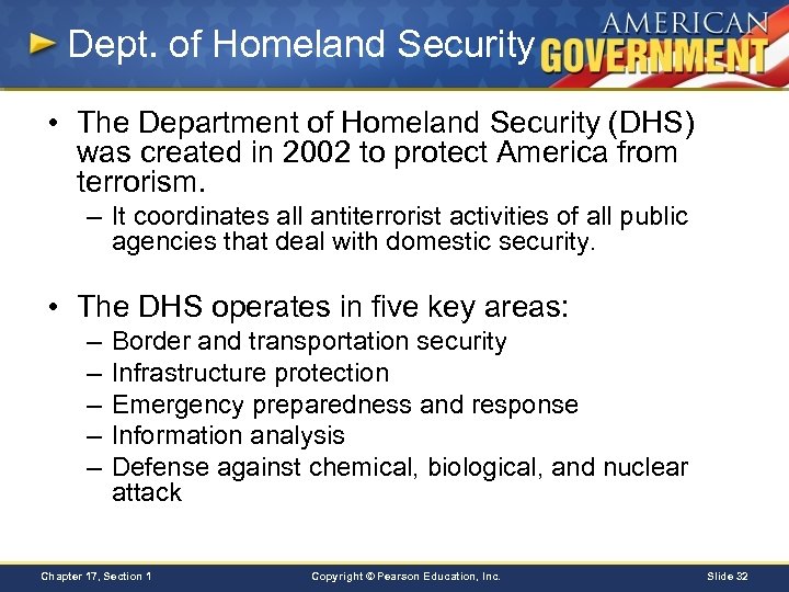 Dept. of Homeland Security • The Department of Homeland Security (DHS) was created in