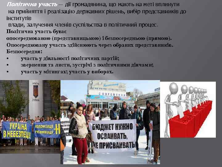 Політична участь — дії громадянина, що мають на меті вплинути на прийняття і реалізацію