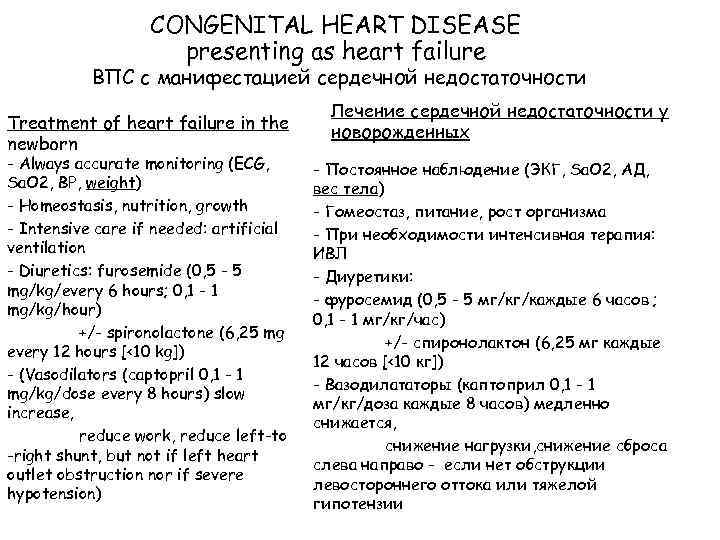 CONGENITAL HEART DISEASE presenting as heart failure ВПС с манифестацией сердечной недостаточности Treatment of