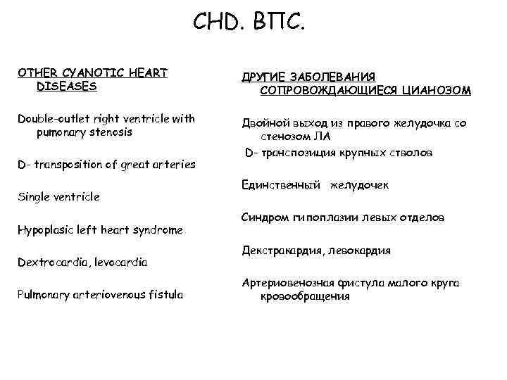 CHD. ВПС. OTHER CYANOTIC HEART DISEASES ДРУГИЕ ЗАБОЛЕВАНИЯ СОПРОВОЖДАЮЩИЕСЯ ЦИАНОЗОМ Double-outlet right ventricle with