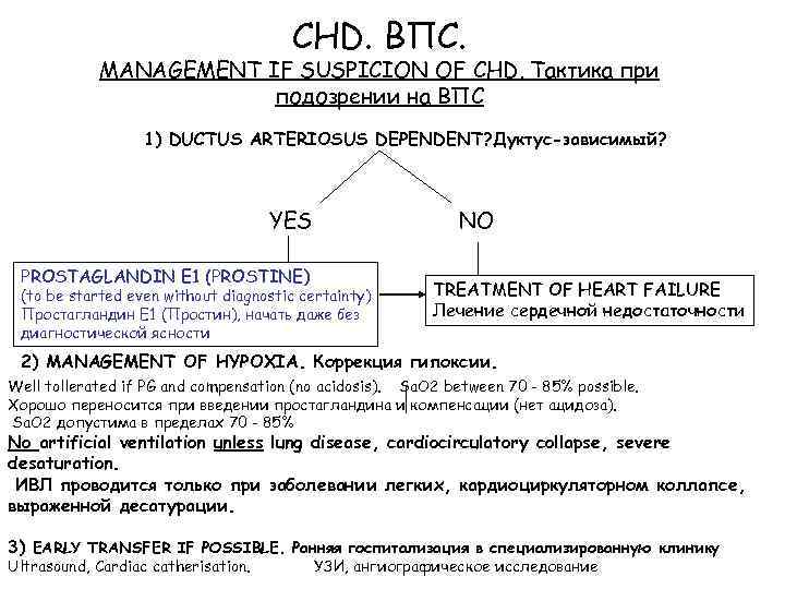 CHD. ВПС. MANAGEMENT IF SUSPICION OF CHD. Тактика при подозрении на ВПС 1) DUCTUS