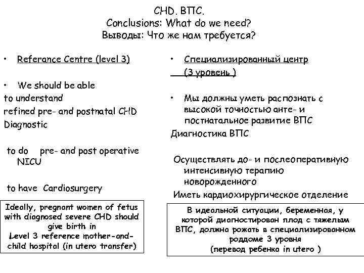 CHD. ВПС. Conclusions: What do we need? Выводы: Что же нам требуется? • Referance