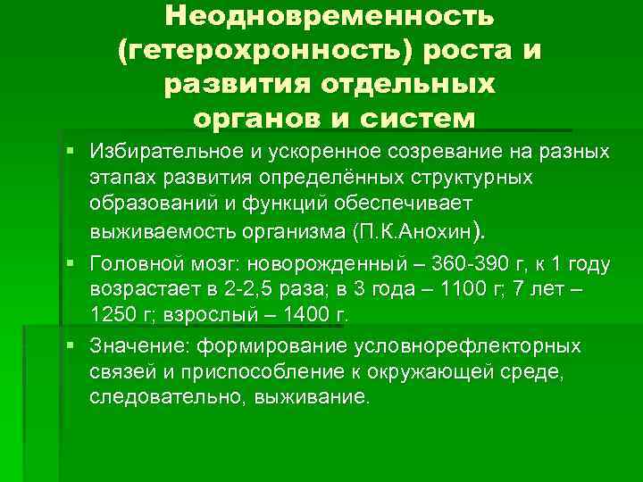 Неодновременность (гетерохронность) роста и развития отдельных органов и систем § Избирательное и ускоренное созревание