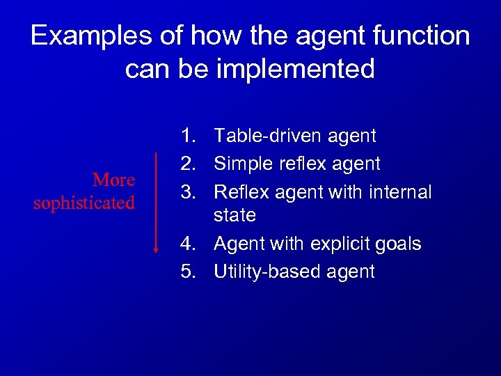 Examples of how the agent function can be implemented More sophisticated 1. Table-driven agent