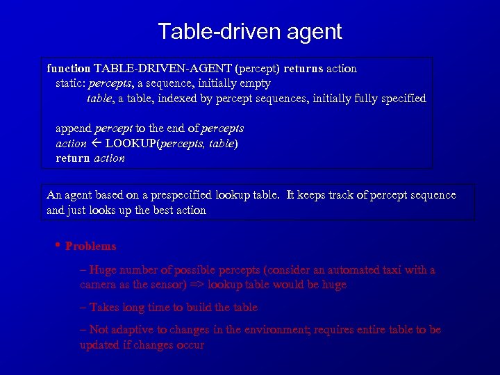 Table-driven agent function TABLE-DRIVEN-AGENT (percept) returns action static: percepts, a sequence, initially empty table,