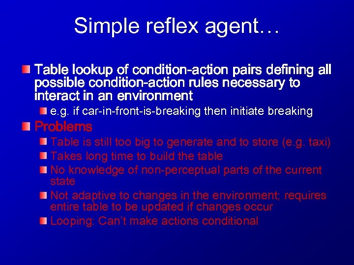 Simple reflex agent… Table lookup of condition-action pairs defining all possible condition-action rules necessary