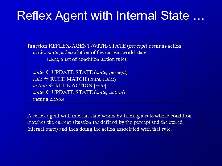 Reflex Agent with Internal State … function REFLEX-AGENT-WITH-STATE (percept) returns action static: state, a