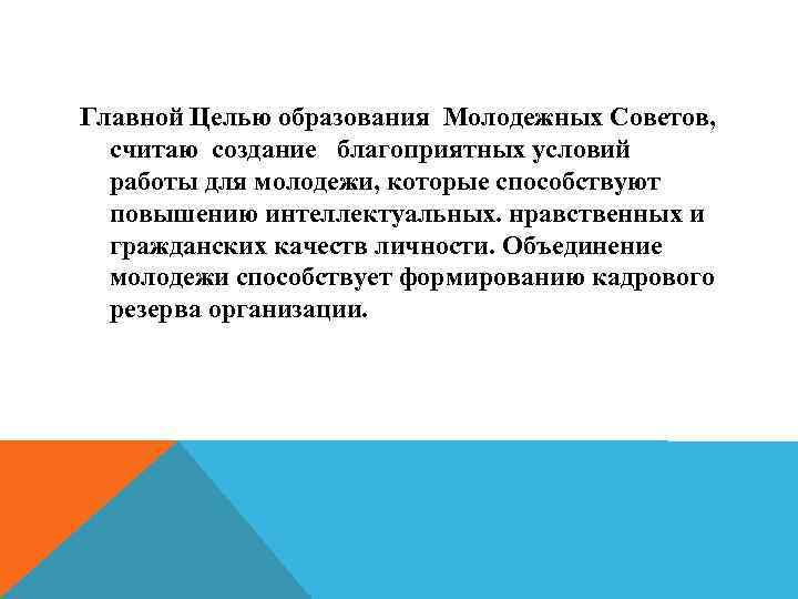 Главной Целью образования Молодежных Советов, считаю создание благоприятных условий работы для молодежи, которые способствуют