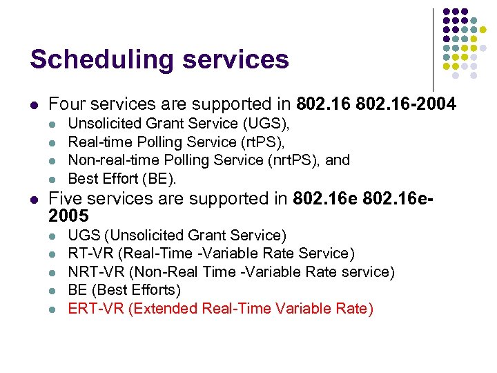 Scheduling services l Four services are supported in 802. 16 -2004 l l l