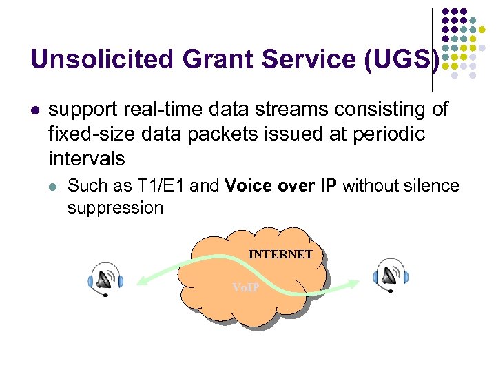 Unsolicited Grant Service (UGS) l support real-time data streams consisting of fixed-size data packets