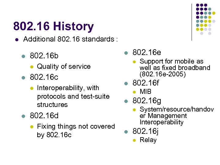 802. 16 History l Additional 802. 16 standards : l 802. 16 b l