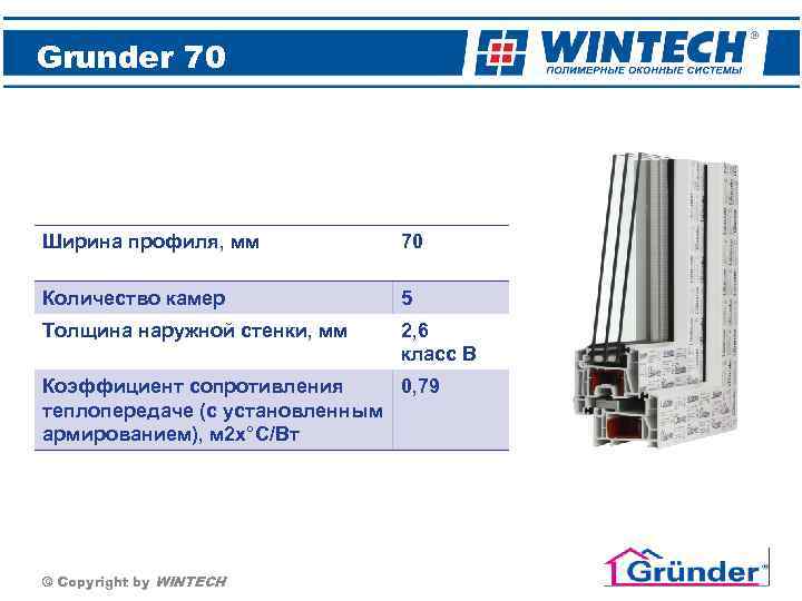 Grunder 70 Ширина профиля, мм 70 Количество камер 5 Толщина наружной стенки, мм 2,