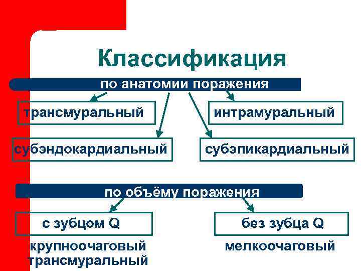 Классификация по анатомии поражения трансмуральный субэндокардиальный интрамуральный субэпикардиальный по объёму поражения с зубцом Q