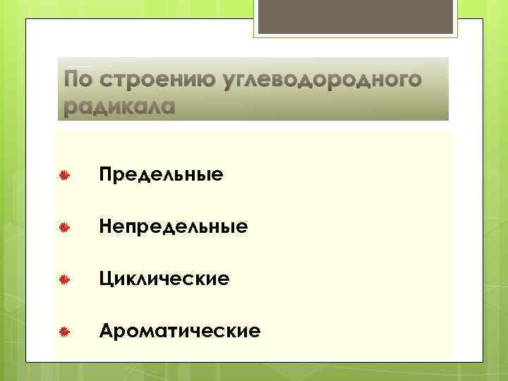 По строению углеводородного радикала Предельные Непредельные Циклические Ароматические 