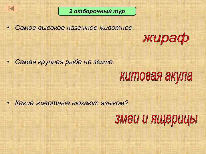 2 отборочный тур • Самое высокое наземное животное. • Самая крупная рыба на земле.