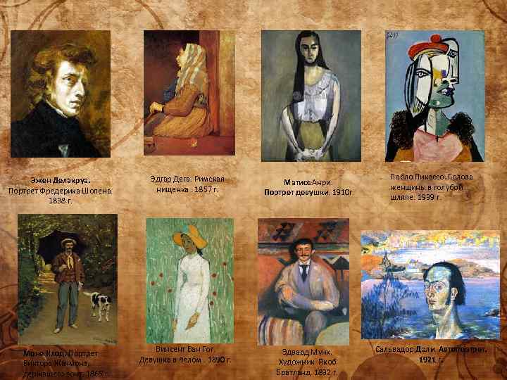 Эжен Делакруа. Портрет Фредерика Шопена. 1838 г. Моне Клод. Портрет Виктора Жакмона, держащего зонт.