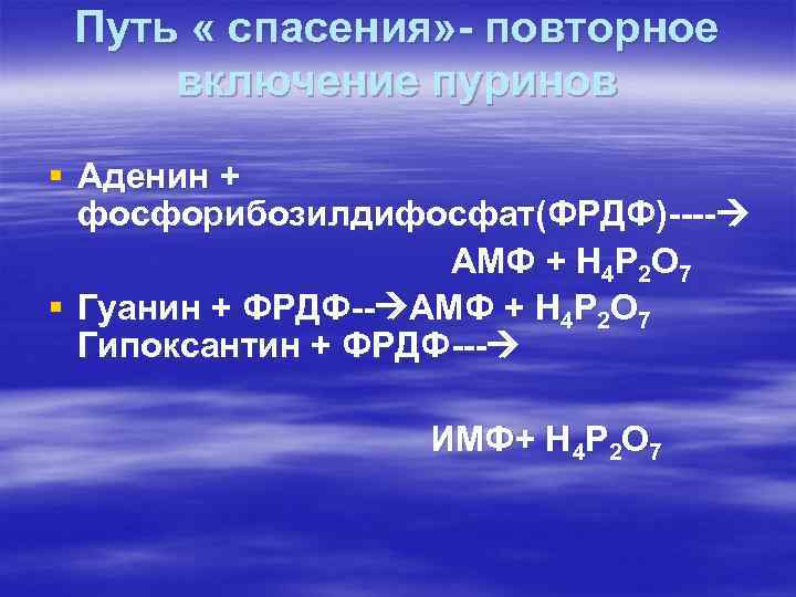 Путь « спасения» - повторное включение пуринов § Аденин + фосфорибозилдифосфат(ФРДФ)---- АМФ + Н
