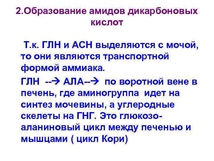 2. Образование амидов дикарбоновых кислот Т. к. ГЛН и АСН выделяются с мочой, то