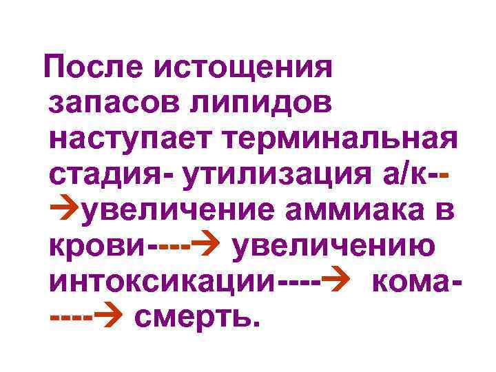  После истощения запасов липидов наступает терминальная стадия- утилизация а/к- увеличение аммиака в крови----