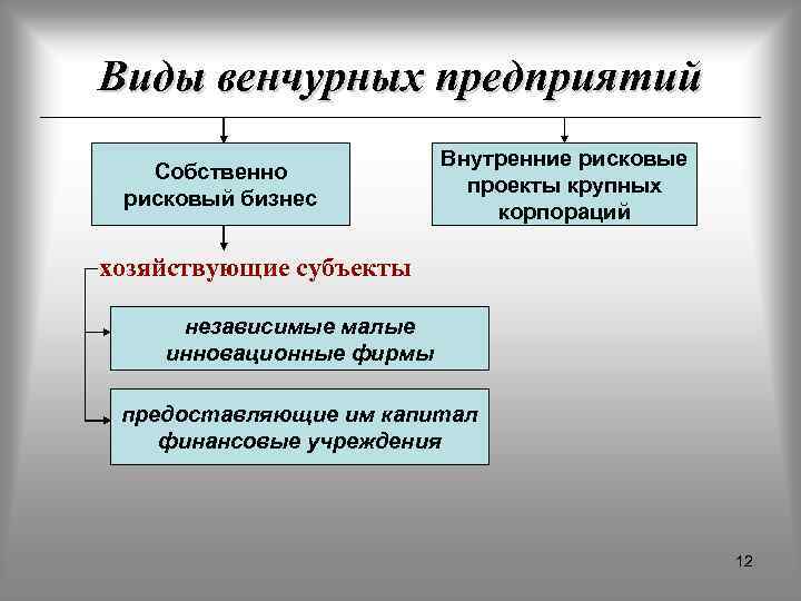 Виды венчурных предприятий Собственно рисковый бизнес Внутренние рисковые проекты крупных корпораций хозяйствующие субъекты независимые