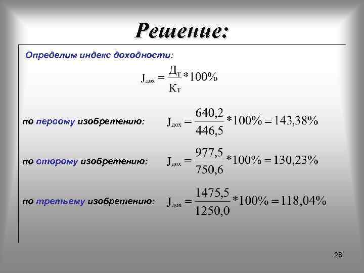 Решение: Определим индекс доходности: по первому изобретению: по второму изобретению: по третьему изобретению: 28