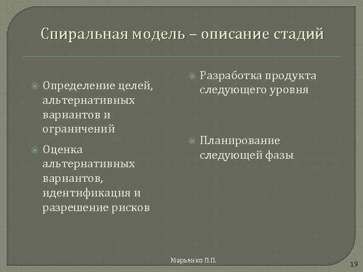 Спиральная модель – описание стадий Определение целей, альтернативных вариантов и ограничений Оценка альтернативных вариантов,