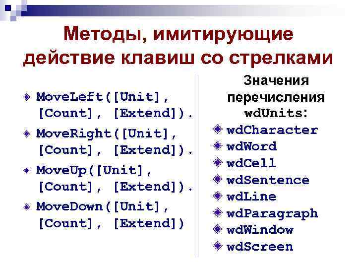 Методы, имитирующие действие клавиш со стрелками Move. Left([Unit], [Count], [Extend]). Move. Right([Unit], [Count], [Extend]).