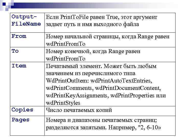 Output- Если Print. To. File равен True, этот аргумент File. Name задает путь и