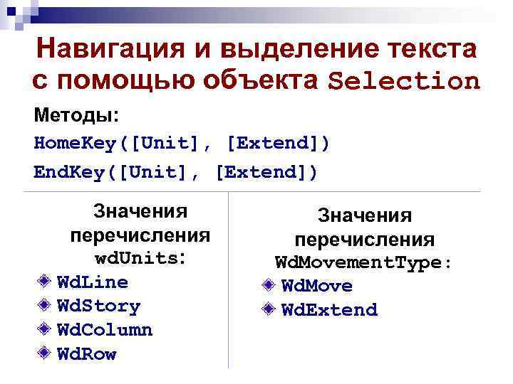 Навигация и выделение текста с помощью объекта Selection Методы: Home. Key([Unit], [Extend]) End. Key([Unit],