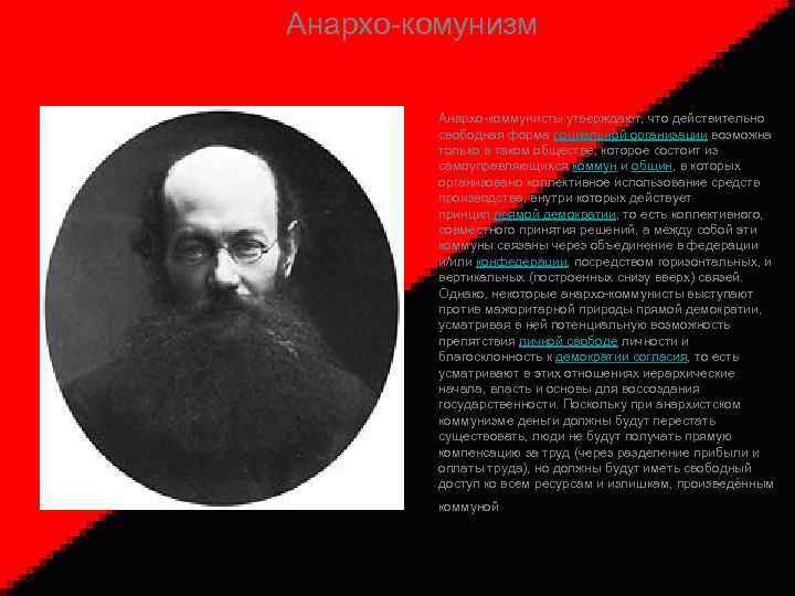 Анархо-комунизм Анархо-коммунисты утверждают, что действительно свободная форма социальной организации возможна только в таком обществе,
