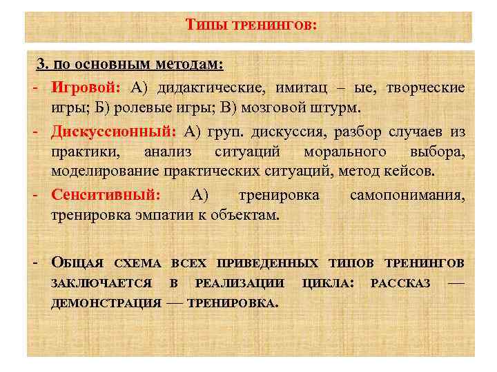 ТИПЫ ТРЕНИНГОВ: 3. по основным методам: Игровой: А) дидактические, имитац – ые, творческие игры;