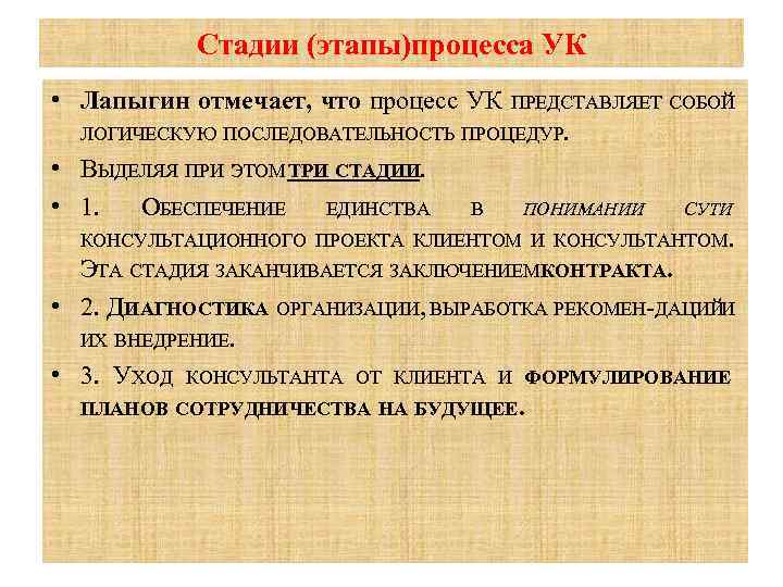 Стадии (этапы)процесса УК • Лапыгин отмечает, что процесс УК ПРЕДСТАВЛЯЕТ СОБОЙ ЛОГИЧЕСКУЮ ПОСЛЕДОВАТЕЛЬНОСТЬ ПРОЦЕДУР.