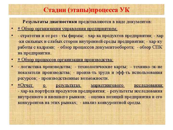 Стадии (этапы)процесса УК • • • Результаты диагностики представляются в виде документов: ∗ Обзор