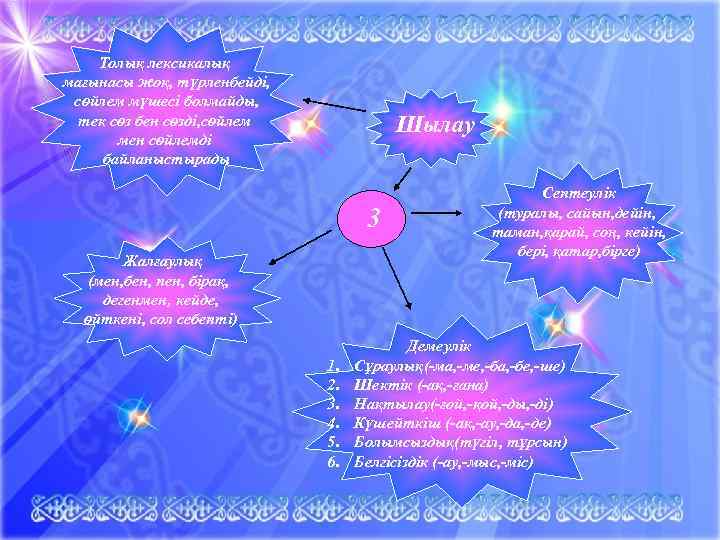 Толық лексикалық мағынасы жоқ, түрленбейді, сөйлем мүшесі болмайды, тек сөз бен сөзді, сөйлем мен