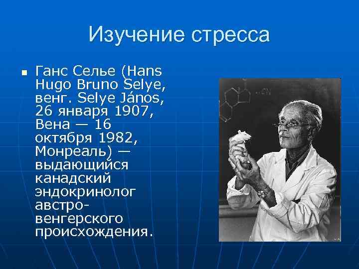 Изучение стресса n Ганс Селье (Hans Hugo Bruno Selye, венг. Selye János, 26 января