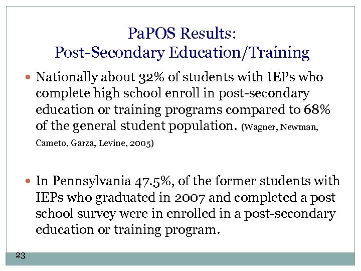 Pa. POS Results: Post-Secondary Education/Training Nationally about 32% of students with IEPs who complete