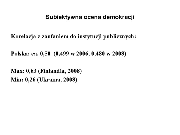 Subiektywna ocena demokracji Korelacja z zaufaniem do instytucji publicznych: Polska: ca. 0, 50 (0,