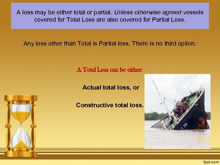 A loss may be either total or partial. Unless otherwise agreed vessels covered for