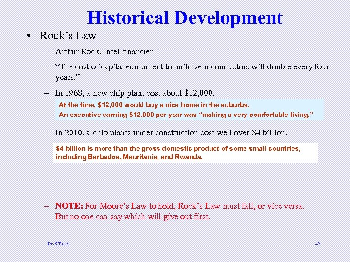 Historical Development • Rock’s Law – Arthur Rock, Intel financier – “The cost of