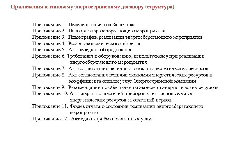  Приложения к типовому энергосервисному договору (структура) Приложение 1. Перечень объектов Заказчика Приложение 2.