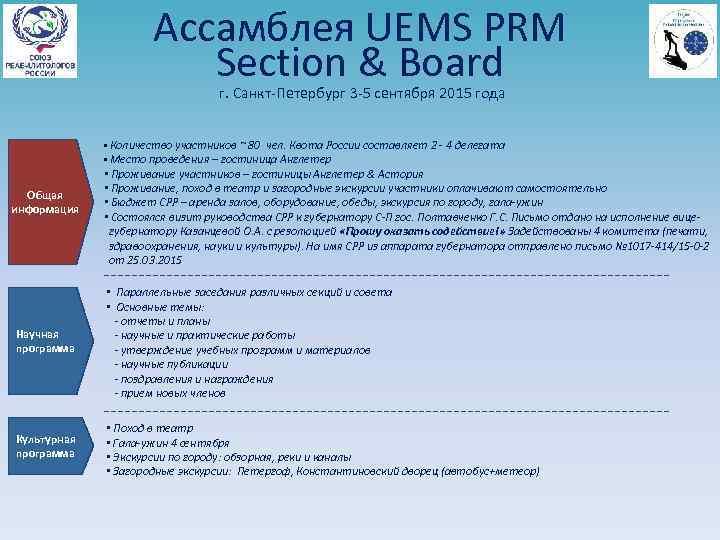 Ассамблея UEMS PRM Section & Board г. Санкт-Петербург 3 -5 сентября 2015 года •
